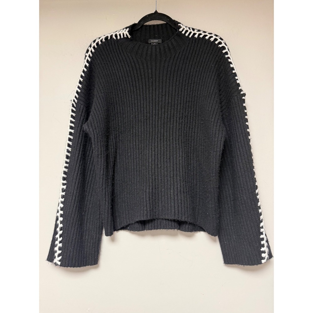 Halogen Ribbed Mock Neck Sweater Black White Stitch‎ Detail Womens Medium M